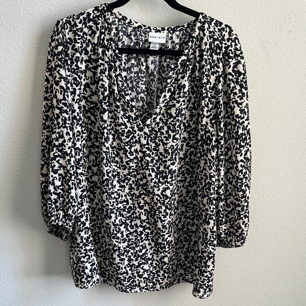 AVA & VIV Black & Cream Patterned Blouse 3/4 sleeves